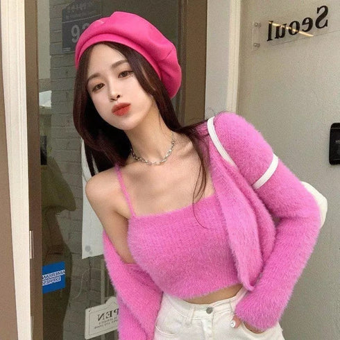 Two-Piece Camisole Knitted Vest with Long Sleeve Cropped Cardigan